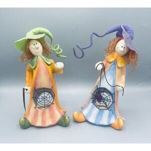 Pair Of Witches Candle Holders Spiderweb Whimsical Pink Purple Green Tea light